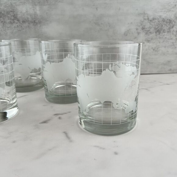 70's Glass Clear w Frosted World Map Globe Double Old Fashioned Tumblers Vintage - Picture 9 of 11